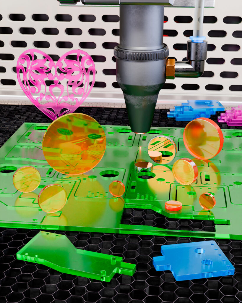 Various sizes of orange Zinc Selenide laser lenses stand on a piece of green acrylic. The acrylic is being cut into different shapes by a laser.
