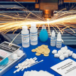 Contents of a laser optic cleaning kit are arranged on a blue table. There are small bottles of isopropyl alcohol, fingercots, cotton swabs and balls and some plastic packaging. A sparking metal cutting laser is in the background.